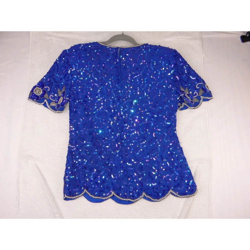 Stenay Vintage Royal Blue Silk Sequin Beaded 2-Piece Skirt Set Size 10 3978